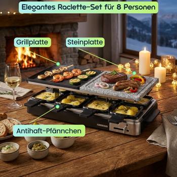 Preview: Elegantes Raclette-Set für 8 Personen (1300W) – Grill- und Steinplatte, Antihaftbeschichtung, Thermostat, Anthrazit – Hochwertiger Tischgrill für gesellige Abende