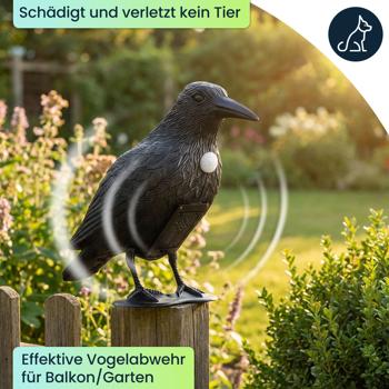 Preview: Realistische Vogelabwehr Krähe mit Sound: Batteriebetriebener Raben Vogelschreck für effektive Vogelabwehr. Natürliche Krähengeräusche zur Abschreckung