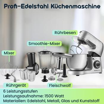 Preview: Profi-Edelstahl Küchenmaschine 1500W mit 6L Schüssel – Standmixer inkl. Fleischwolf, Raspel, Mixer & Rührbesen – 3 Jahre Garantie