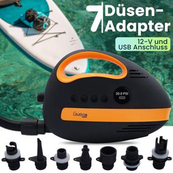 Preview: Ultimative Akku-SUP-Luftpumpe: 20 PSI, 350 L/Min, USB, 12V – Kompakte, tragbare Hochleistungs-Pumpe für Boards