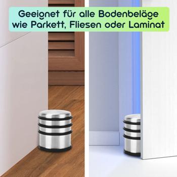 Preview: Massiver Tür Stopper aus Edelstahl mit Anti-Rutsch-Boden und Gummiringen, 1300 g, schwer und rutschfest, ohne Bohren