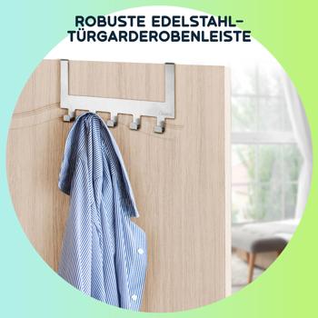 Preview: 2er-Set Robuste Edelstahl-Türgarderobenleiste mit je 5 Kleiderhaken, platzsparende Aufbewahrung für Jacken, Mäntel, Handtücher u.v.m.