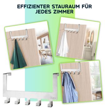Preview: 2er-Set Robuste Edelstahl-Türgarderobenleiste mit je 5 Kleiderhaken, platzsparende Aufbewahrung für Jacken, Mäntel, Handtücher u.v.m.