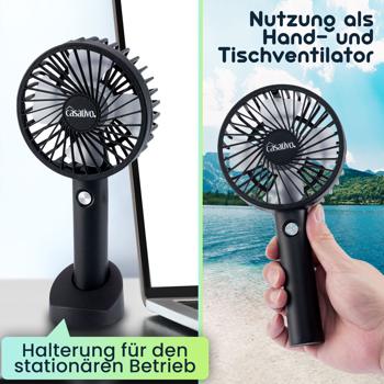 Preview: Flexibler 2in1 Hand- & Tischventilator (schwarz): Akku- & USB-Betrieb, 3 Stufen für optimale Kühlung, kompakt, tragbar & ideal für Büro, Reise & Zuhause