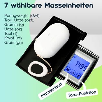 Preview: Digitale Feinwaage (500g/0.01g) mit Touch-Display – Präzise Taschenwaage mit 7 Einheiten für Schmuck, Gewürze & Gold