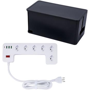 Preview: 6-fach Steckdosenleiste mit genialer Kabelbox schwarz (CH) PLUS 3x USB-A, USB-C, 15W – Optimal für ordentliches Laden & sichere Stromversorgung
