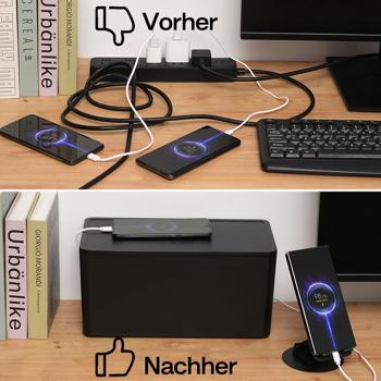 Preview: 6-fach Steckdosenleiste mit genialer Kabelbox schwarz (CH) PLUS 3x USB-A, USB-C, 15W – Optimal für ordentliches Laden & sichere Stromversorgung