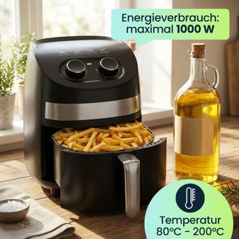 Preview: Multifunktions-Heissluftfritteuse, 3,25L, schwarz – Frittieren, Backen, Grillen & Braten, Antihaftbeschichtung, Timer, Cool Touch