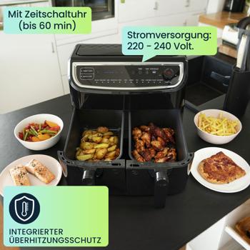 Preview: Dual Zone Doppelkorb Heissluft Fritteuse, Air Fryer mit 2 Körben, 9 Liter, 2400 Watt, 12 Programme, 2 Grill Roste, Display, Zeitschaltuhr, PFAS-frei