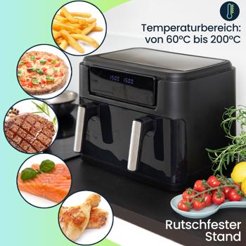 Preview: Premium XXL Heissluftfritteuse: 10 Liter, Dual-Zone, trennbarer Doppelkorb, Air Fryer mit Touch-Display, schwarz/silber – Top Leistung 2400 W