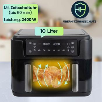 Preview: Premium XXL Heissluftfritteuse: 10 Liter, Dual-Zone, trennbarer Doppelkorb, Air Fryer mit Touch-Display, schwarz/silber – Top Leistung 2400 W