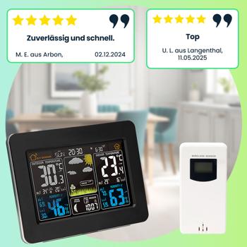 Preview: Funk-Wetterstation mit Farbdisplay, DCF-Uhr, Sensor, Thermometer, Barometer, Hygrometer, Mondphase. Präzise Wetterdaten & Wecker für Zuhause