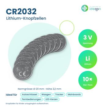 Preview: CR2032 Lithium-Knopfzellen (10er-Set), 3V – Powerpack für Autoschlüssel, Uhren & Smart Home Geräte – Langlebige Batterien
