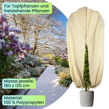Preview: Pflanzenabdeckung XL, Winterschutz, 180 x 120 cm, Kübelpflanzen Schutzhauben als Frostschutz mit Zugband und Reissverschluss, atmungsaktiv 
