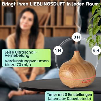 Preview: Aroma-Diffuser in eleganter Holzoptik für ätherische Öle, LED-Beleuchtung in 7 Farben & Timer, 300 ml, formschöne Raumbefeuchtung für Ihr Zuhause