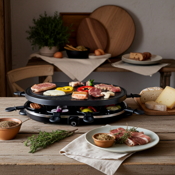 Geselliges Raclette-Grill für 8 Personen, 1200W: Mit Grill- und Backplatte, Antihaftbeschichtung, Thermostat, Pfännchen und Spatel