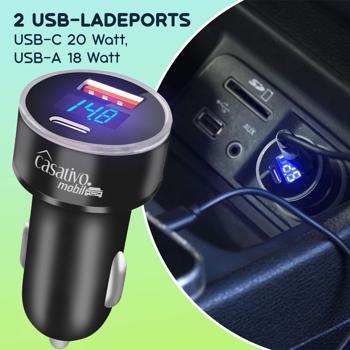 Preview: Dual Kfz-USB-Ladegerät 38W (USB-C PD & USB-A QC) – Schnellladestecker für Zigarettenanzünder mit digitaler Spannungsanzeige