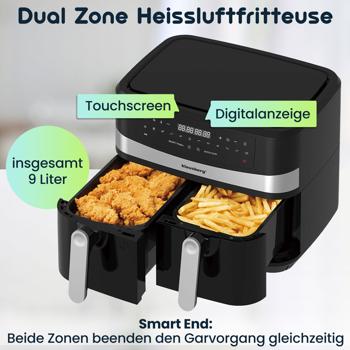 Preview: Dual Zone Heissluftfritteuse mit Doppelkorb, 9 Liter, 2400W, schwarz, Digitales Touch Display, Smart End, Air Fryer zum Backen, Grillen, Braten