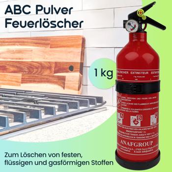 Preview: Effektiver kompakter ABC Pulver Feuerlöscher, 1 kg, Brandklassen 5A 34B C, ideal für Küche, Haushalt, Auto, beim Grillen und Camping