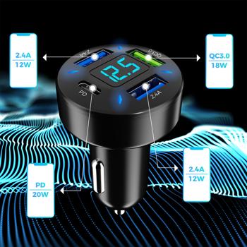 Preview: 2er-Set Beleuchtetes 4 Port Auto USB-Ladegerät, (50 Watt), matt-schwarz, Spannungsanzeige, USB-C & -A , Kfz Zigarettenanzünder Schnellladestecker