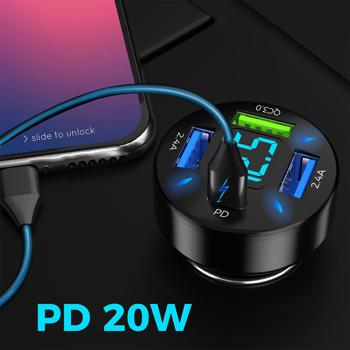 Preview: 2er-Set Beleuchtetes 4 Port Auto USB-Ladegerät, (50 Watt), matt-schwarz, Spannungsanzeige, USB-C & -A , Kfz Zigarettenanzünder Schnellladestecker