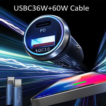 Preview: 2er-Set Leistungsstarkes Kfz-USB-Netzteil, (54 Watt) inkl. Ladekabel, USB-C PD & USB-A QC, Dual-USB Schnellladestecker, schnelles Aufladen unterwegs