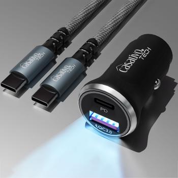 Potente alimentatore USB per auto (54 watt) con cavo di ricarica, USB-C PD e USB-A QC, doppia spina di ricarica rapida da 12 V per auto, ricarica rapida in viaggio