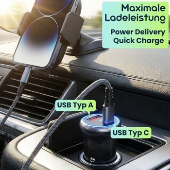 Preview: 2er-Set Leistungsstarkes Kfz-USB-Netzteil, (54 Watt) inkl. Ladekabel, USB-C PD & USB-A QC, Dual-USB Schnellladestecker, schnelles Aufladen unterwegs