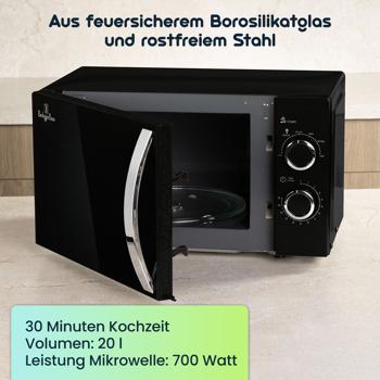 Preview: Mikrowelle mit Grillfunktion (20 L, 700W) – Moderner Mikrowellenherd, Auftau-Funktion, matt-schwarz, 6 Stufen