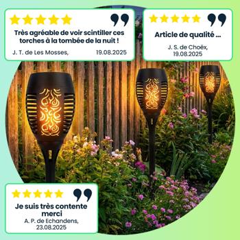 Preview: 2 lampes de jardin solaires: torches LED avec effet flamme (78 cm): avec batterie, réalistes, résistantes aux intempéries – ambiance romantique dans le jardin et sur le balcon