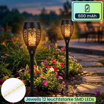 Preview: 2er-Set LED-Solar-Gartenfackeln mit Flammen-Effekt (H 78cm): Akku, realistisch & wetterfest - Fur romantisches Ambiente im Garten & Balkon