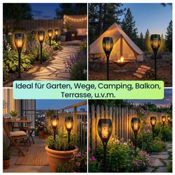 Preview: 4er-Set LED-Solar-Gartenfackeln mit Flammen-Effekt (H 78cm): Akku, realistisch & wetterfest - Fur romantisches Ambiente im Garten & Balkon