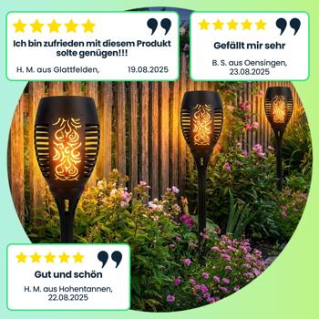 Preview: 4er-Set LED-Solar-Gartenfackeln mit Flammen-Effekt (H 78cm): Akku, realistisch & wetterfest - Fur romantisches Ambiente im Garten & Balkon
