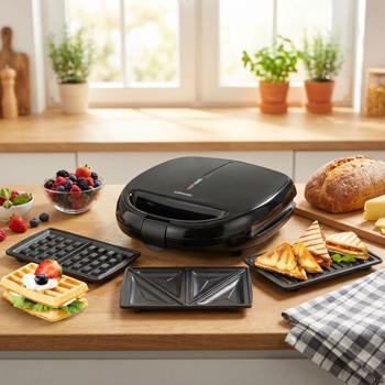 Preview: 3in1 Multifunktions-Grill - Sandwichmaker, Waffeleisen und Kontaktgrill, starke 850 W, schwarz, Antihaftbeschichtung
