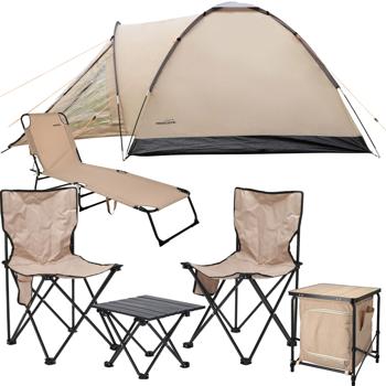 Set di partenza per il campeggio: armadio pieghevole, set di tavolo e sedie, tenda igloo per 2-3 persone e lettino. Perfetto per le avventure all‘aperto