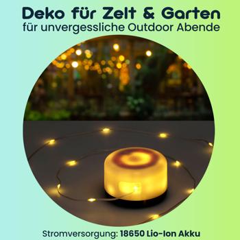 Preview: Vielseitige 2in1 Akku Campingleuchte mit 10m LED Lichterkette (7 Modi, 100 LEDs): Deko für Zelt & Garten, für unvergessliche Outdoor Abende