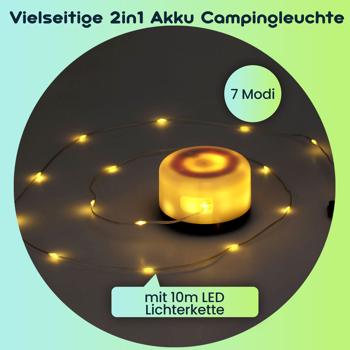 Preview: Vielseitige 2in1 Akku Campingleuchte mit 10m LED Lichterkette (7 Modi, 100 LEDs): Deko für Zelt & Garten, für unvergessliche Outdoor Abende