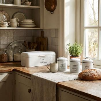 Preview: Dekoratives Vintage-Vorratsbehälter-Set: Weisse Brotbox, Kaffeedose, Zuckerdose, Teedose mit Aufdruck, für nostalgische & stilvolle Aufbewahrung