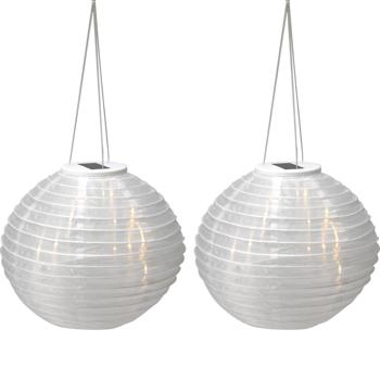Preview: set di 2 lanterne solari a LED con sensore crepuscolare, bianco, Ø 28 cm: luce da giardino automatica, decorativa e facile da appendere