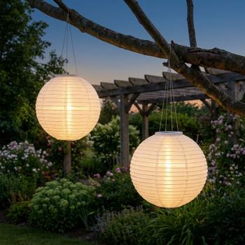 set di 2 lanterne solari a LED con sensore crepuscolare, bianco, Ø 28 cm: luce da giardino automatica, decorativa e facile da appendere