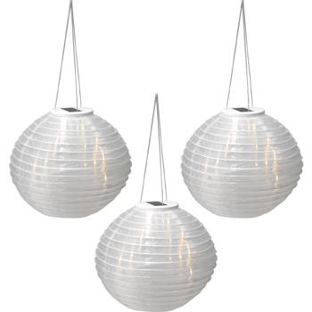 Preview: set di 3 lanterne solari a LED con sensore crepuscolare, bianco, Ø 28 cm: luce da giardino automatica, decorativa e facile da appendere