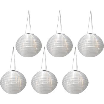 Preview: set di 6 lanterne solari a LED con sensore crepuscolare, bianco, Ø 28 cm: luce da giardino automatica, decorativa e facile da appendere
