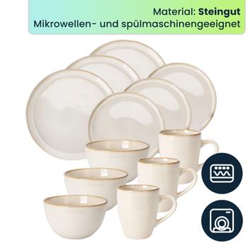 Preview: Elegantes Steingut Geschirr-Set, 16 Teile, Creme-Beige, Teller, Tassen und Schüsseln, für ein stilvoll gedeckten Tisch