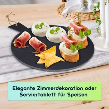 Preview: Serviertablett Schieferplatte rund mit Griff Ø 35 cm - Elegante Tischdeko für Feste & Apéro - Robust, langlebig & leicht zu reinigen - Unikat