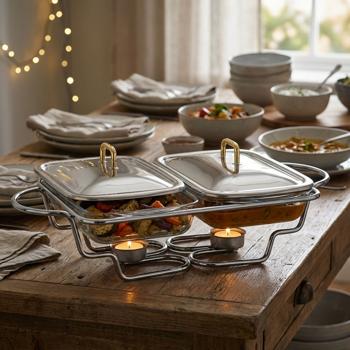 Premium Edelstahl Speisewärmer, 2 x 1,5 Liter Schalen, mit transparenten Glasdeckeln: Ofenfest, inkl. Ständer und Teelichter, ideal für warme Buffets