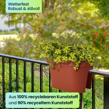 Preview: 6er-Set Ovaler Balkongeländer Blumentopf, terracotta, 27 x 40 x 25 cm, wetterfest, robust & stilvoll für Geländer & Zaun, ideal für Blumen & Kräuter