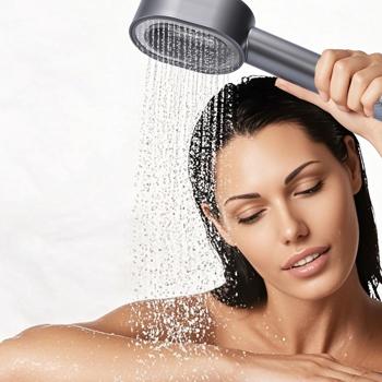 Preview: Soffione doccia 3-in-1 di alta qualità con spazzola, spugna e funzione di risparmio idrico - 2 x filtri acqua premium - doccia wellness per la tua esperienza spa