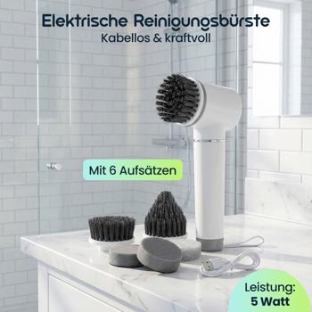Preview: Elektrische Reinigungsbürste mit 6 Aufsätzen, Akku (5W): Kabellos & kraftvoll – Für Bad, Küche & Auto – Mühelos sauber