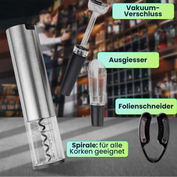 Preview: Hochwertiger Korkenzieher elektrisch mit Akku – Profi-Weinflaschenöffner-Set aus gebürstetem Edelstahl inkl. Folienschneider, Ausgiesser und Verschluss