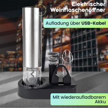 Preview: Hochwertiger Korkenzieher elektrisch mit Akku – Profi-Weinflaschenöffner-Set aus gebürstetem Edelstahl inkl. Folienschneider, Ausgiesser und Verschluss